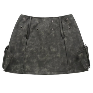 Falda de PU de Cintura Alta con Diseño de Cinturón Cruzado con Cuentas, Estilo Europeo Americano, Estilo Otoñal, Nueva, Entallada y con Personalidad - Product Image 2