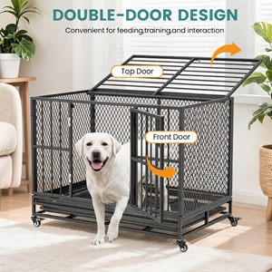 Gabbia per Cani in Metallo Nero con Tetto Apribile, Doppie Porte d'Accesso, Ruote Scorrevoli, Vassoio Rimovibile, Anti-Morso, Semplice, Verniciata a Polvere, Grande - Product Image 1