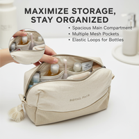 Trousse de Maquillage Grande en Toile Naturelle Personnalisée Royal Fair avec Fermeture Éclair, Pochette Cosmétique en Chanvre à Pompon pour Week-ends et Organisation de la Vanité