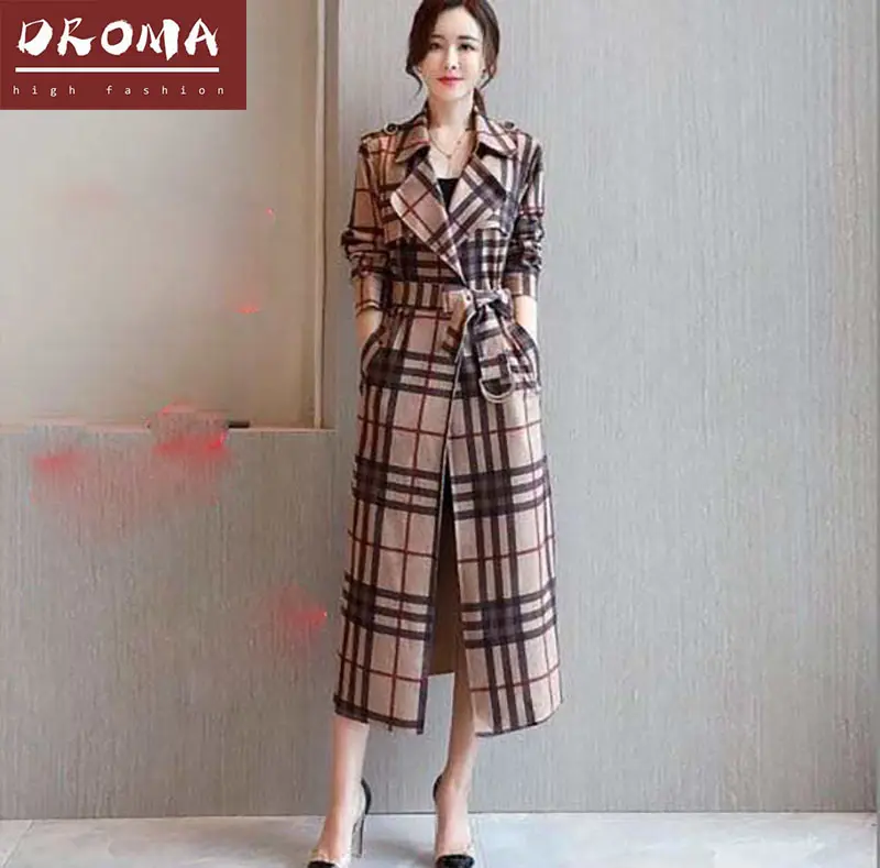 Droma 2021 new arrival autumn Korean hot style fashion check printed women winter long coat with sashes