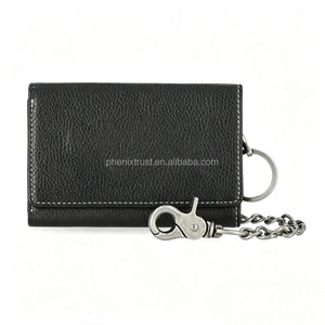 Portefeuille en cuir pour homme, style motard, à trois volets, avec chaîne métallique anti-perte, broderie, porte-cartes en cuir style moto avec porte-clés - Product Image 2