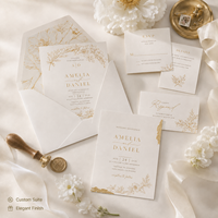 Ensemble d'invitations de mariage personnalisées minimalistes en or, avec impression dorée de fleurs, invitation de luxe avec RSVP et détails assortis