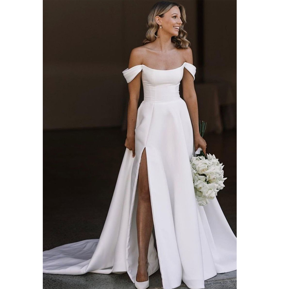 2024 robes de mariée classiques robe de bal robe de mariée en satin lumineux bas du dos avec jupe fendue