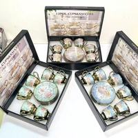 Nouvel ensemble de tasses à café en céramique de style européen, luxe léger, rétro, motif floral, électroplaqué, 6 tasses et 6 soucoupes, coffret cadeau pour la maison