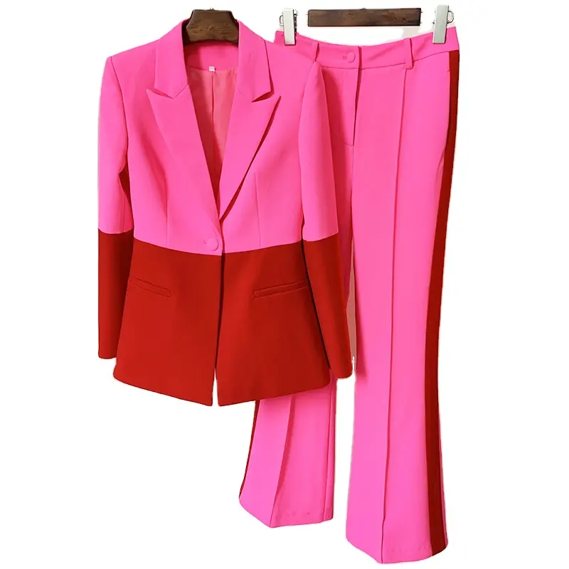 HIGH STREET Newest 2022 Designer Runway Suit Set Women's Single Button Color Block Blazer Flare Pants Suit