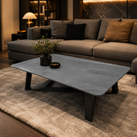 Table basse rectangulaire moderne et contemporaine, finition marbre gris ciment, structure en fer, meubles de salon