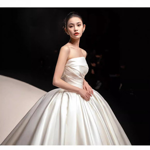 Strapless Satin Wedding Dress Ball Gown Natural Waistline Long Train Simple Style For Brides - Product Image 5