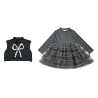 Ensemble de vêtements pour filles en bas âge, gilet en tricot gris sans manches avec nœuds + jupe longue en tulle gris avec patchwork, ensemble 2 pièces