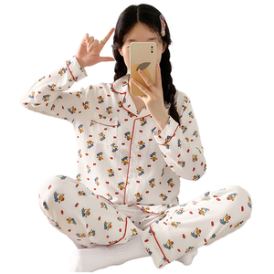 Camisones de Manga Larga con Cuello Solapa para Mujer, Conjunto de Pijamas de 2 Piezas con Estampado de Dibujos Animados, Ropa para el Hogar, Venta al por Mayor, Baratos - Product Image 1