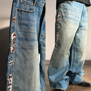 Jean sur mesure de fabricant, coupe oversize, denim épais 15 oz, style vintage, avec strass, coupe bootcut, jambe droite, jean baggy - Product Image 3