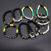Gelang Hadiah Uniseks Elastis Bergaya Baru Warna Kuning Hijau Merah Hitam Terinspirasi Jamaika dengan Pola Angka dan Huruf dari Manik-manik Resin.