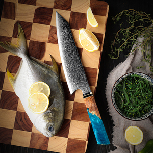 Coltello <span class=keywords><strong>da</strong></span> Chef Giapponese Kiritsuke Grandsharp 8.2" in Vero Acciaio Damasco a 67 Strati con Manico in Resina Colorata e Legno Solifilato - Utensile <span class=keywords><strong>da</strong></span> <span class=keywords><strong>Cucina</strong></span> per Affettare - Product Image 3