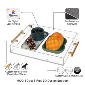 Plateau de service en acrylique de haute qualité avec poignées en métal doré, design personnalisé, prix d'usine en gros, décoration transparente pour la cuisine et la maison - Product Image 3