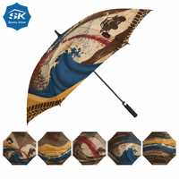 Parapluie de golf tout-terrain, imprimé vague rétro, motifs variés, coupe-vent, grand parapluie de golf, conception personnalisée, vente en gros OEM ODM