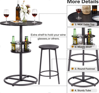 Ensemble de table à manger ronde de style industriel avec porte-bouteilles et 2 tabourets de bar, table de bistrot compacte pour petit balcon, café, cuisine