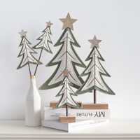 Neutraler Salbeigrüner Filz-Weihnachtsbaum Mini-Holzhaus Harz-Weihnachtsmann-Figuren Landhaus-Tischdekoration