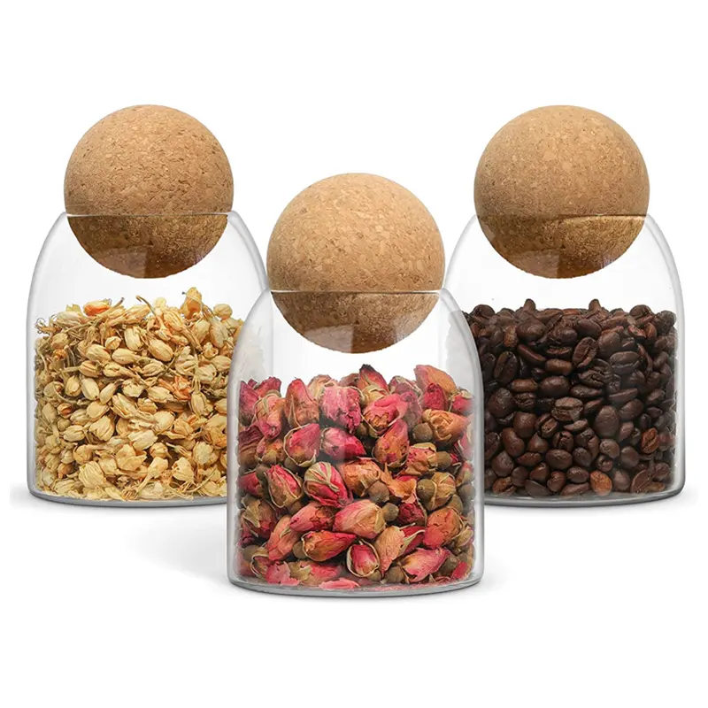 16Oz Glass Storage Container Candy Jar with Wood Ball Cork Lid for Food Coffee Sugar Spice Tea DIY Decoration
