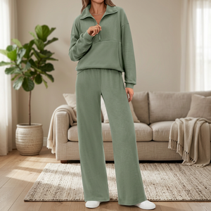 Ensemble Athleisure Femme Automne Uni 100% Coton Taille Haute Jambe Large Jogger Survêtement 2 Pièces Écologique Extensible dans les Quatre Sens - Product Image 3