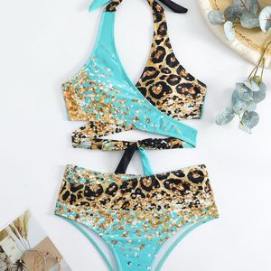 Venta al por mayor del fabricante: Nuevo bikini sexy de dos piezas con estampado de leopardo, traje de baño de playa con diseño cruzado frontal y cintura alta para mujer. - Product Image 2
