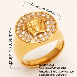 Anillo Redondo de Lujo con Cabeza de Medusa, Chapado en Oro de 24K, con Cristales Incrustados, Anillo Grueso para Hombre y Mujer, Joyería al por Mayor, Antideslustre, Acero Inoxidable 316L - Product Image 6