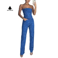 Tenue de Soirée Club Lavage Enzymatique Femme Ensemble Sexy Bustier sans Bretelles Débardeur et Jean Droit Paillettes Denim Deux Pièces