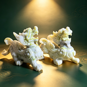 Paire de figurines <span class=keywords><strong>Pixiu</strong></span> en jade naturel sculptées à la main, Feng Shui, pour la décoration de la maison et du bureau, ornement de protection de la prospérité - Product Image 1