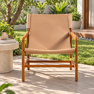 Chaise de jardin en teck avec assise en cuir, style mid-century modern, mobilier d'extérieur, pieds coniques, structure en bois durable - Product Image 1