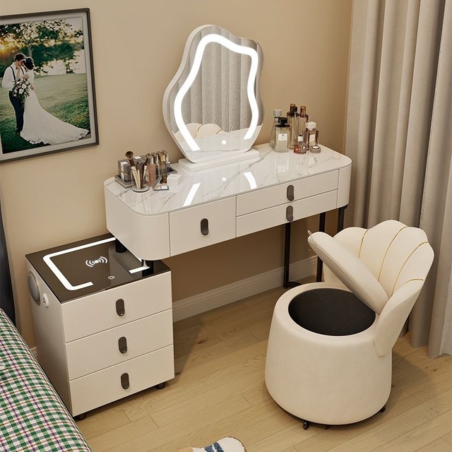Solid Wood Dressing Table Modern Minimalist Bedroom Makeup Desk Built-in Storage Drawer Unit Cloud-Shaped Mirror Wireless Makeup