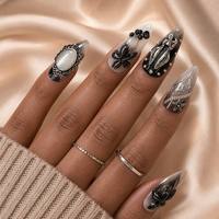 Vente en gros de faux ongles personnalisés à étiquette privée, forme amande, noir et blanc, gothique, 3D, argent brillant