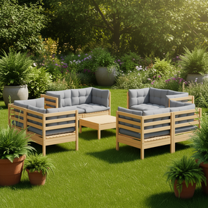 Ensemble de salon de jardin en pin massif avec coussins gris, 6 places, mobilier d'extérieur au design moderne - Product Image 2