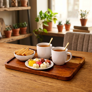 Plateau de service en bois artisanal avec bord surélevé, grand plateau rectangulaire pour servir les aliments, bois brun rustique, petit-déjeuner, collation, dîner - Product Image 6