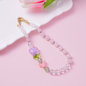 Cordon de téléphone esthétique en perles de quartz rose, breloque papillon et fleur, sangle de poignet anti-perte, personnalisable - Product Image 3