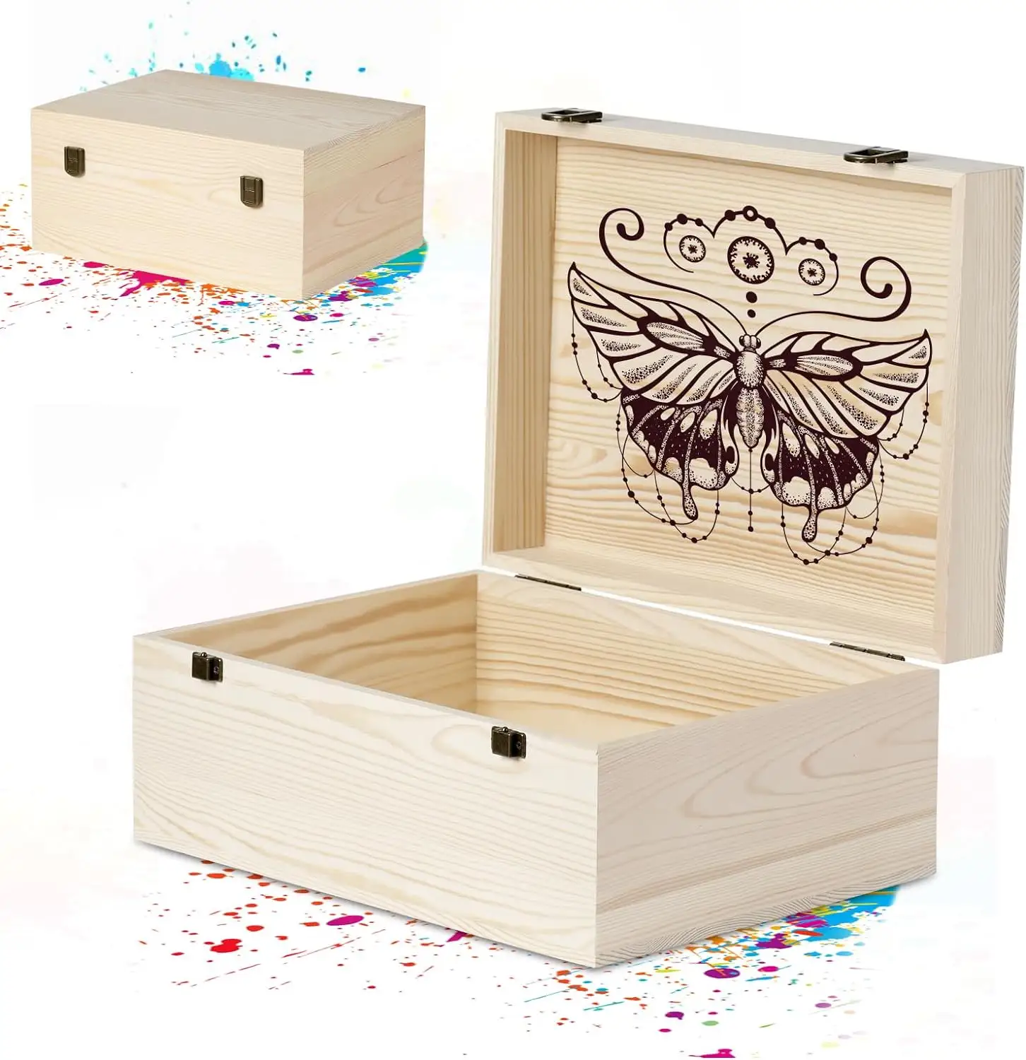 Large Wooden Box 14'' x 10.4'' x 6.5'' Unfinished Wood Box with Hinged Lid Wooden Boxes for Crafts,Storage,DIY