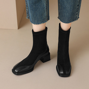 2026New Elegant Women Shoes Brown Leather Suede Spliced Ankle Boots With Square Toe and <b>Block</b> Heel Shopping and Travel - Product Image 6