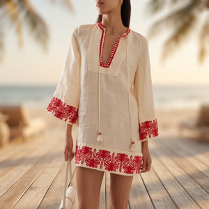 Vestido Mini Boho de Algodón Crema con Bordado de Palmera Roja, Cuello en V Profundo, Manga Farol, Corte Holgado, Ropa Casual de Verano - Product Image 2