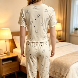 Ensemble de pyjama côtelé pour femme à imprimé dessin animé, col en V, haut court à manches courtes à demi-boutonnage et volants, <span class=keywords><strong>pantalon</strong></span> long à jambes larges, vêtements d'intérieur - Product Image 4
