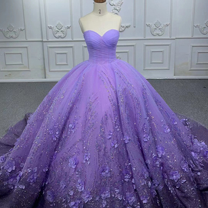 Purple <b>Glitter</b> Lace Appliqued Chiffon <b>Ball</b> Gown Natural Sweetheart Neck Watteau Train Vintage Built-in Bra Evening Party Dresses - Product Image 2