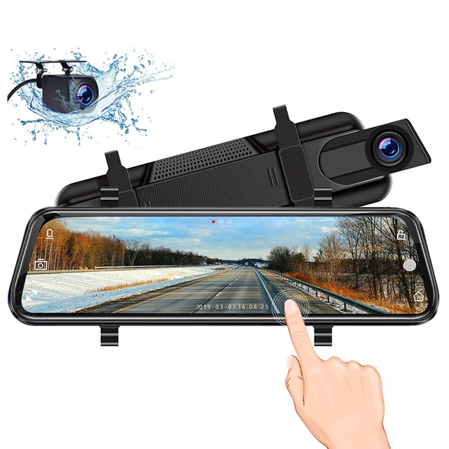 Car Dash Camera 10 Inch Touch Screen Rearview Mirror 1080p HD Dual Lens Video Recorder Front and Back Vehicle Blackbox DVR
