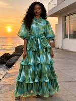 Robe midi tie-dye à volants pour femme, manches courtes bouffantes, col à revers, ceinture à la taille, robe chemise superposée pour les fêtes et la plage