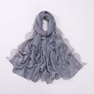 Hijab <span class=keywords><strong>in</strong></span> Chiffon <span class=keywords><strong>Nero</strong></span> con Bordo <span class=keywords><strong>in</strong></span> <span class=keywords><strong>Pizzo</strong></span>, Elegante Sciarpa per Donne Musulmane 70*180cm - Product Image 5