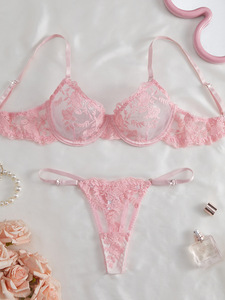 Ensemble de lingerie sexy 2 pièces pour femme, soutien-gorge à armatures en dentelle et culotte, push-up, à bretelles, en maille brodée transparente - Product Image 2