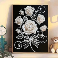 Kit de Peinture DIY Rose Perle 3D, Art Diamant Fleur Perle Blanche, Broderie Strass Faite Main, Décoration Murale pour Adultes Débutants