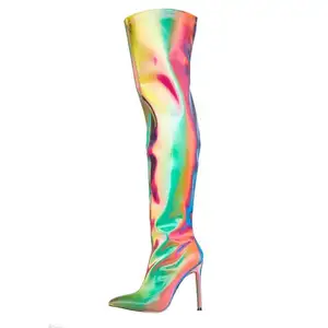 2024 रंगीन रेनबो महिलाओं के घुटने तक ऊंचे जूते ऊँची एड़ी वाली महिलाओं के शीतकालीन जूते पतली एड़ी के साथ पीयू अनुकूलित एंटी-स्लिपर शरद ऋतु