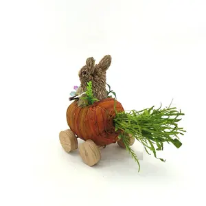 SYART, adorno de decoración de Pascua, 8 pulgadas, 20 cm, conejito de paja hecho a mano, conejo, coche de zanahoria para montar