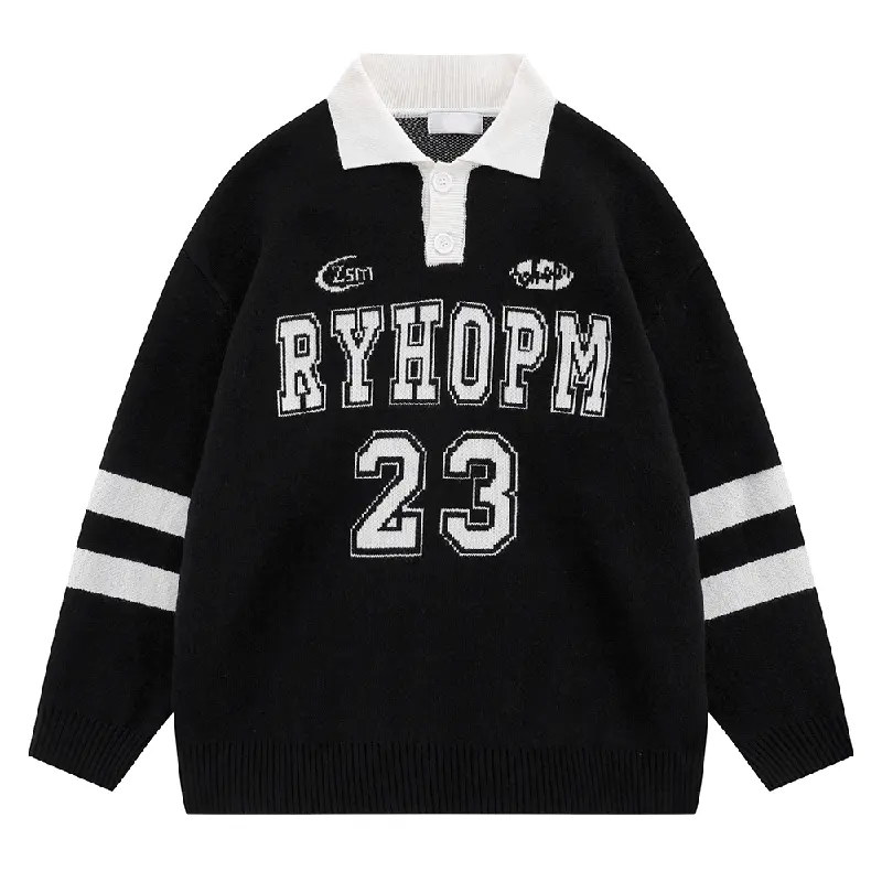 Customized Logo Fashion Casual Long Sleeve Polo Collar Letter Pattern Jacquard Knit Men's Pullover Sweater