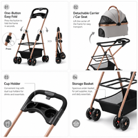 3 Modelos de Carrito Plegable de Aleación de Aluminio para Mascotas, Perros, Gatos y Mascotas Pequeñas, Plegado con un Botón, Bandeja Desmontable, Portavasos, Cesta de Almacenamiento