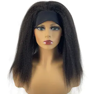 Wholesale Headband Wigs for Women Mid-lenght Straight Natural Black Color Afro Soft Yaki Synthetic Machine Made Wig for Female