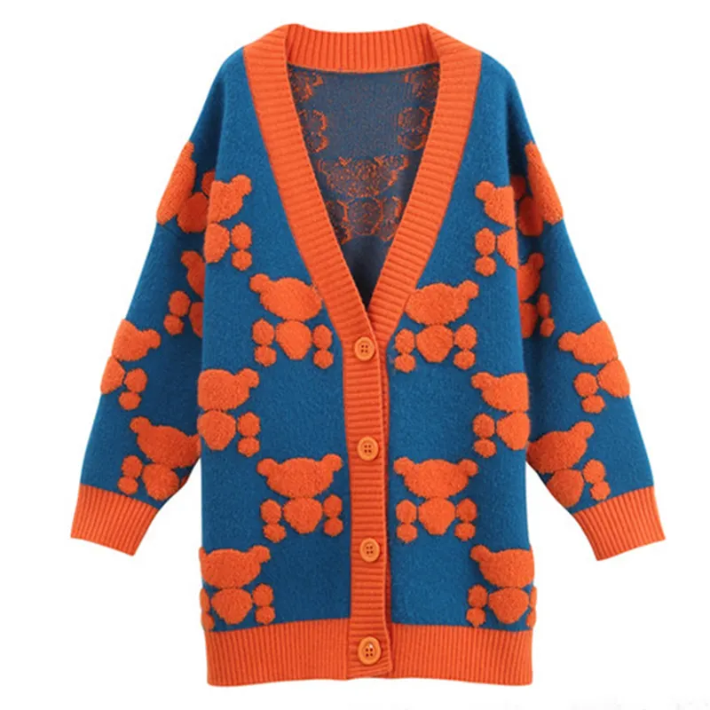 OEM Chenille Embroidery Blue Orange Female Oversize Knitted Sweater Women Cardigan Coat Plus Size Long Contrast Color Cardigans