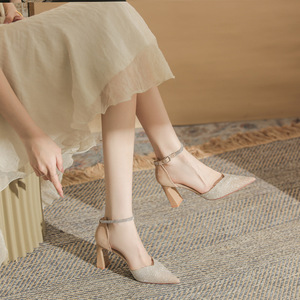 Escarpins à bout pointu avec bride à la cheville et strass, chaussures D'Orsay à talon haut pour femme, tendance mode - Product Image 3