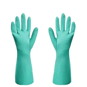 15 mil manset panjang Flock Lined hijau nitril sarung tangan tahan kimia untuk keamanan kerja untuk industri